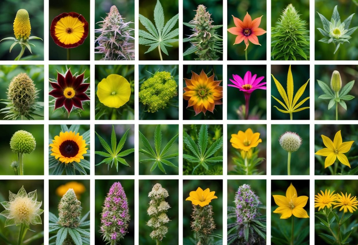 A collection of various psychoactive plants and flowers, each displaying unique shapes, colors, and textures, are arranged in a botanical classification