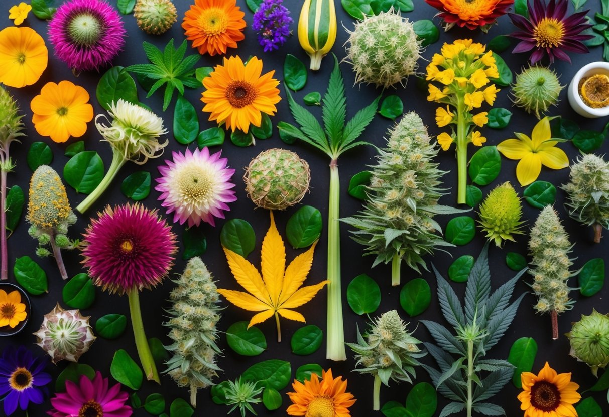 A colorful array of psychoactive plants and flowers, representing cultural and traditional use. Various shapes and sizes, with vibrant and distinct features